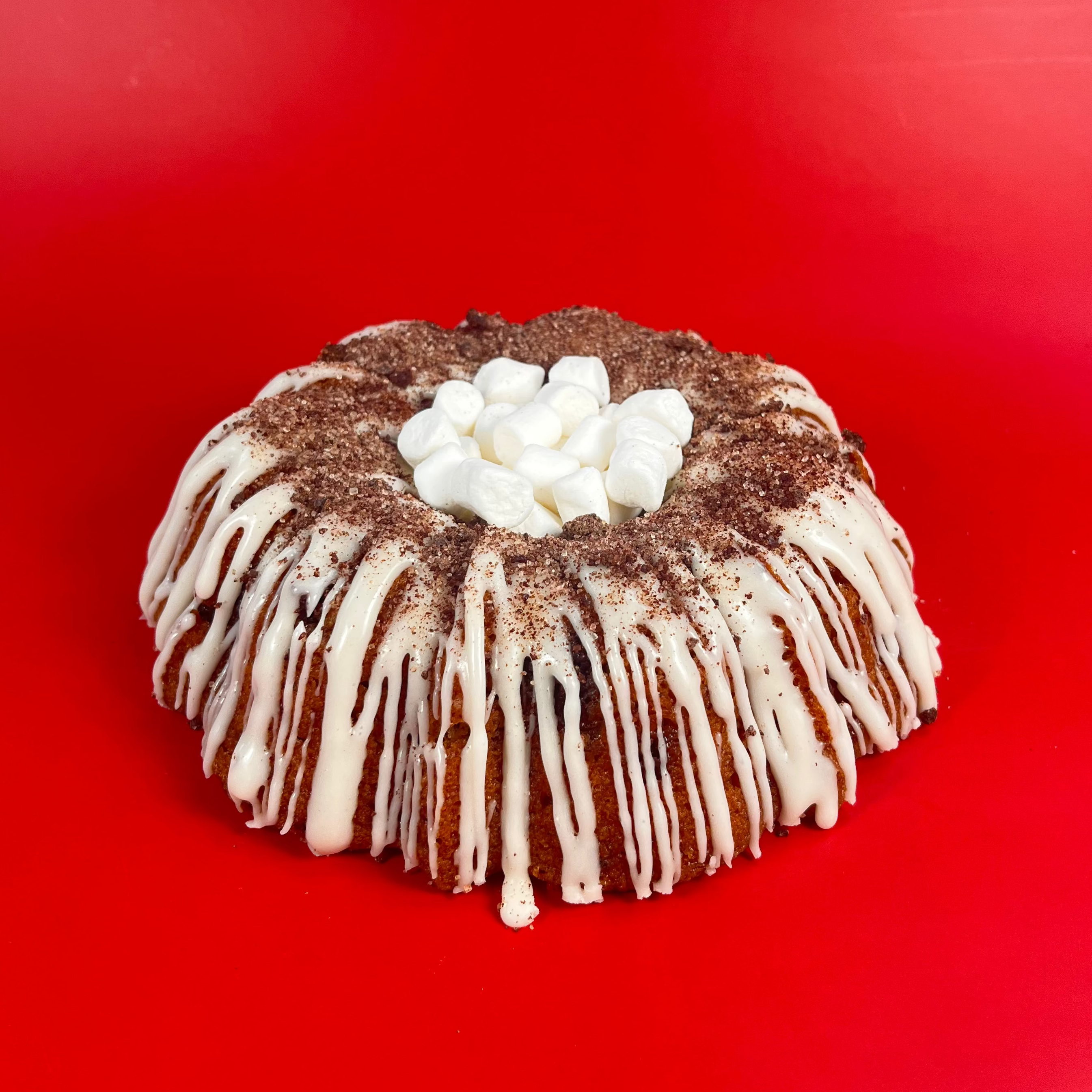 Hot Cocoa Bundt Cake with Marshmallows on a red backdrop