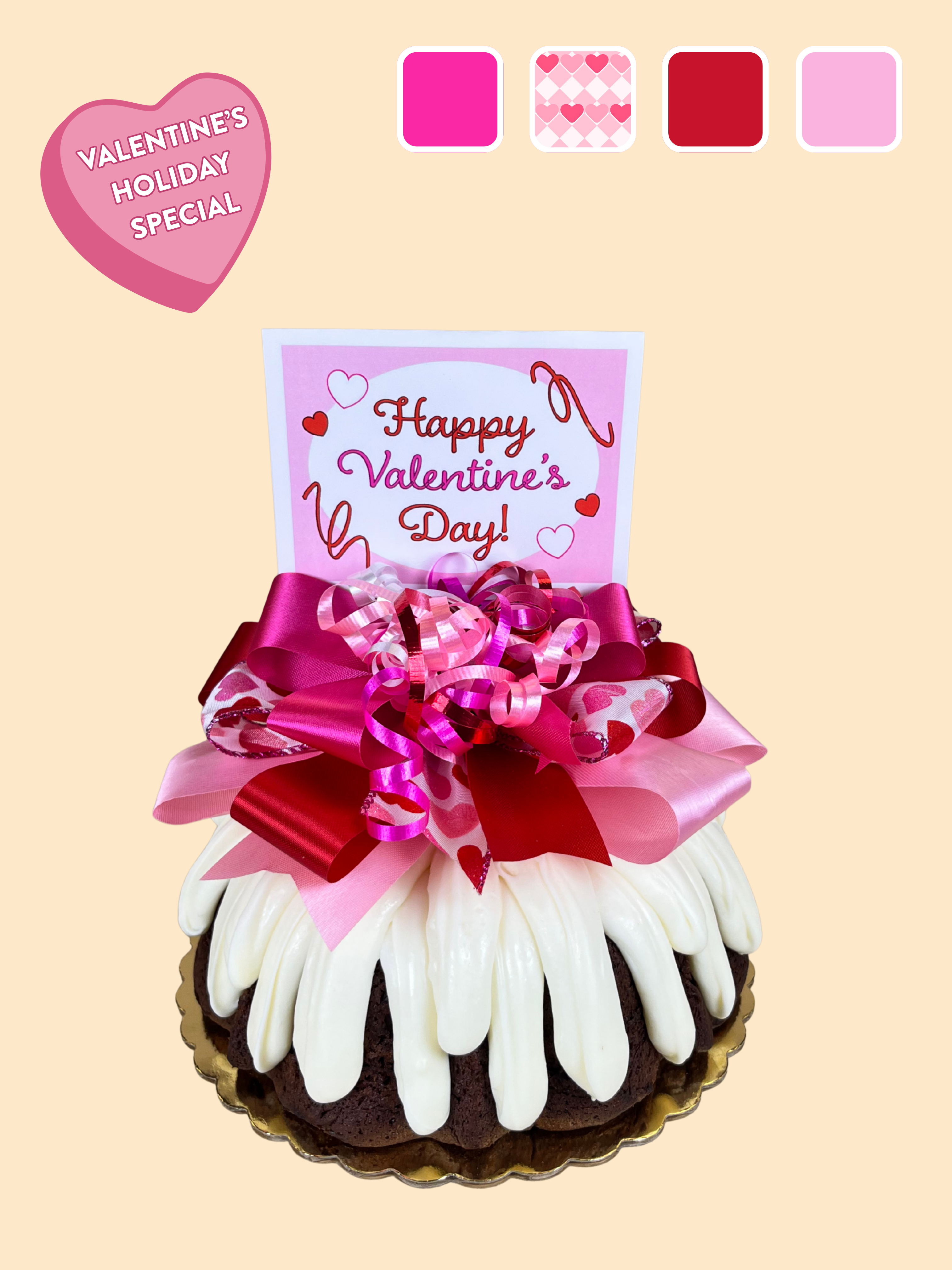 A 'Happy Valentine's Day' topper on a cake decorated with a pink and red bow on a chocolate cake with cream cheese white frosting. 